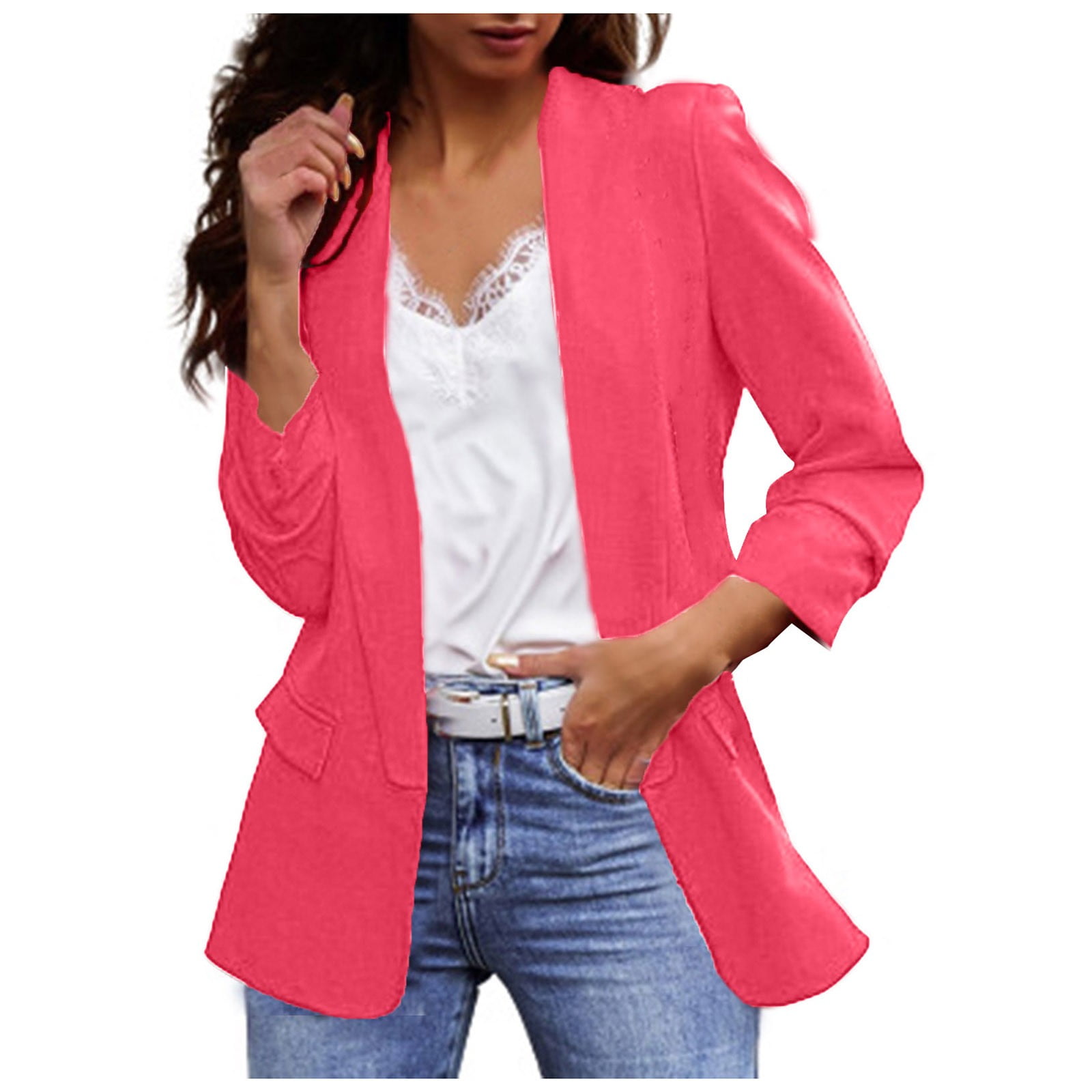 Women's Relaxed Scuba Knit Stretch Blazer with Scrunch Sleeves(Hot Pink,L)